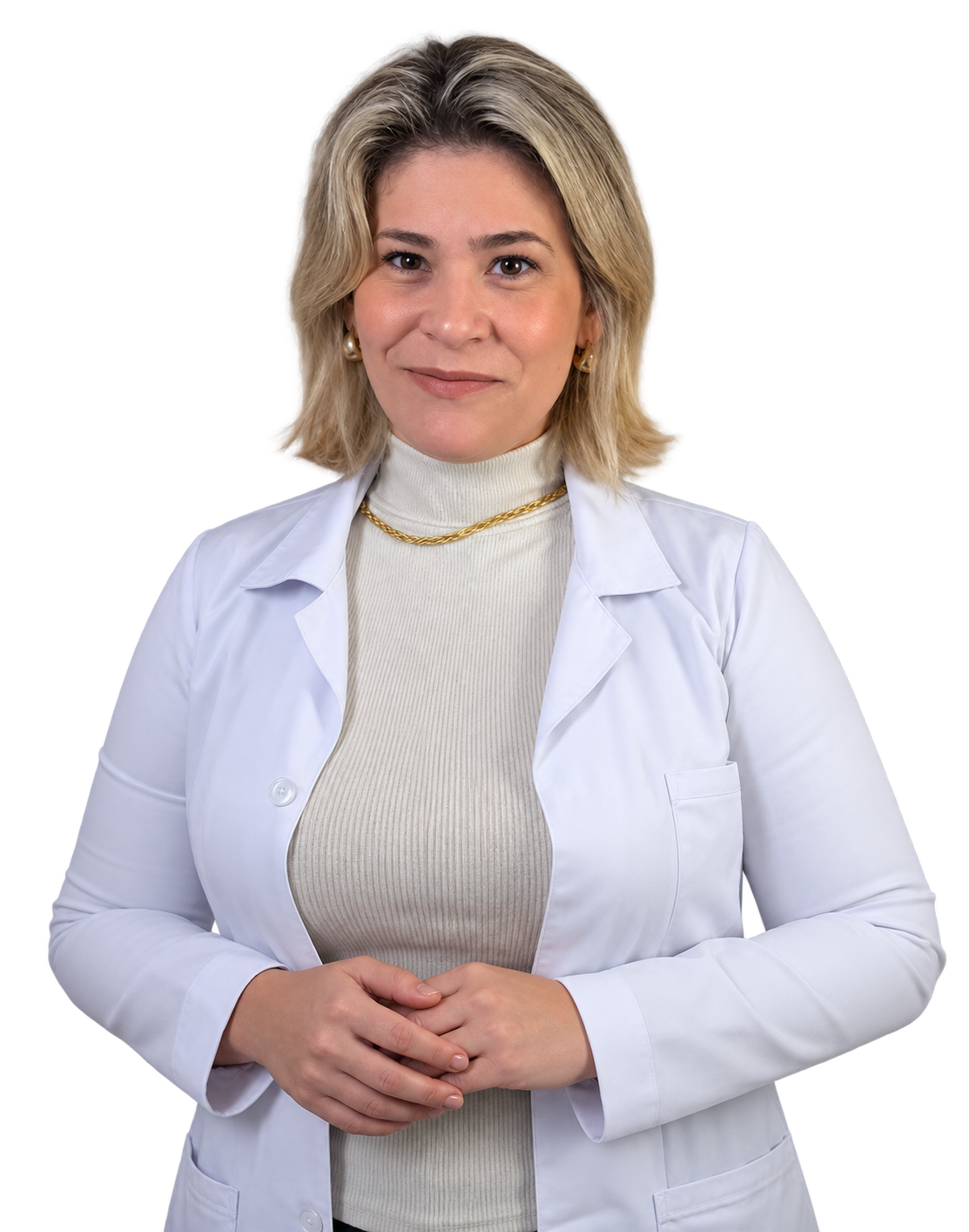 Proprietária da Clínica Alívio dos Pés, de jaleco branco